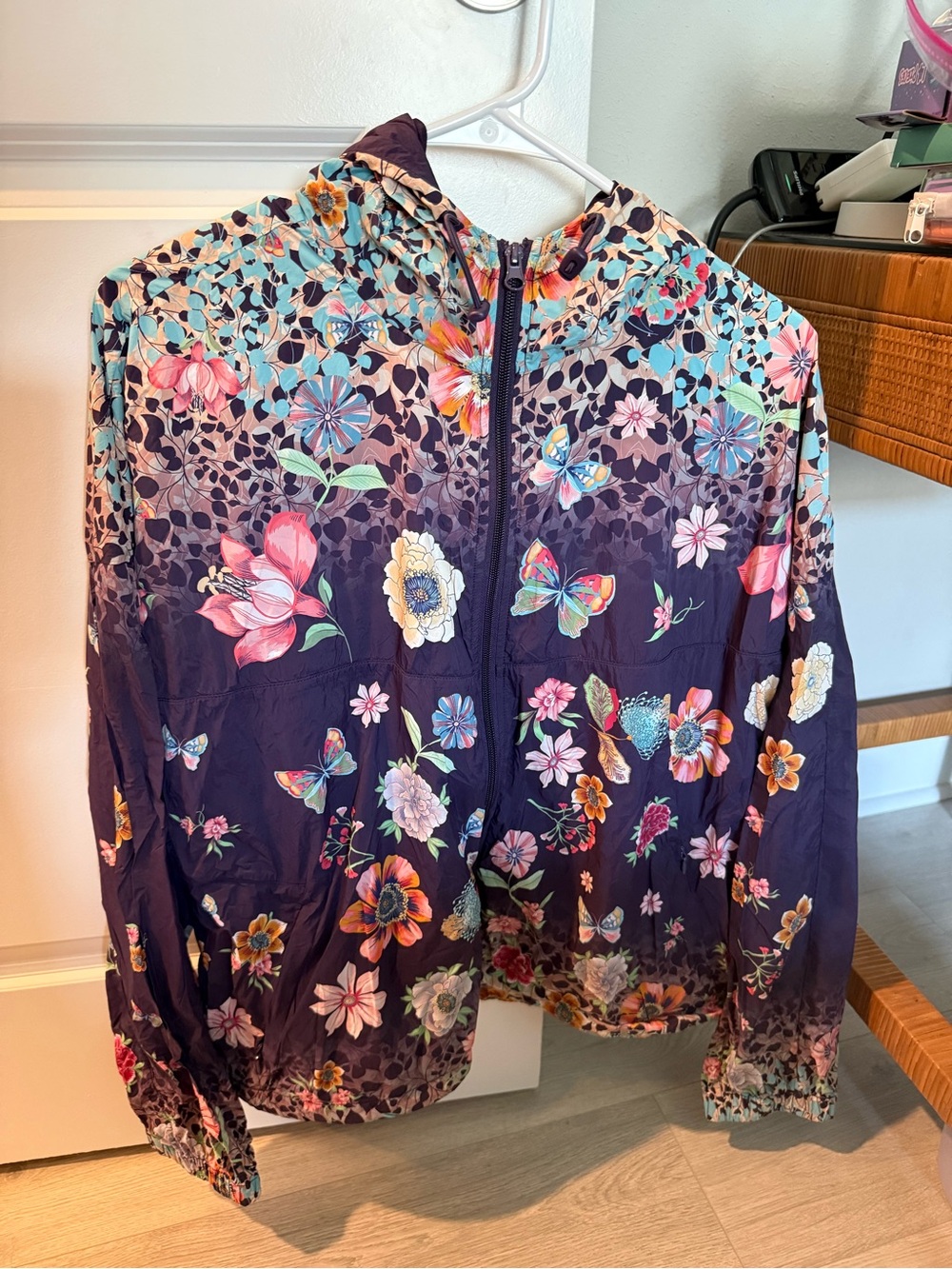 Johnny Was Purple Floral Hooded Bomber Jacket